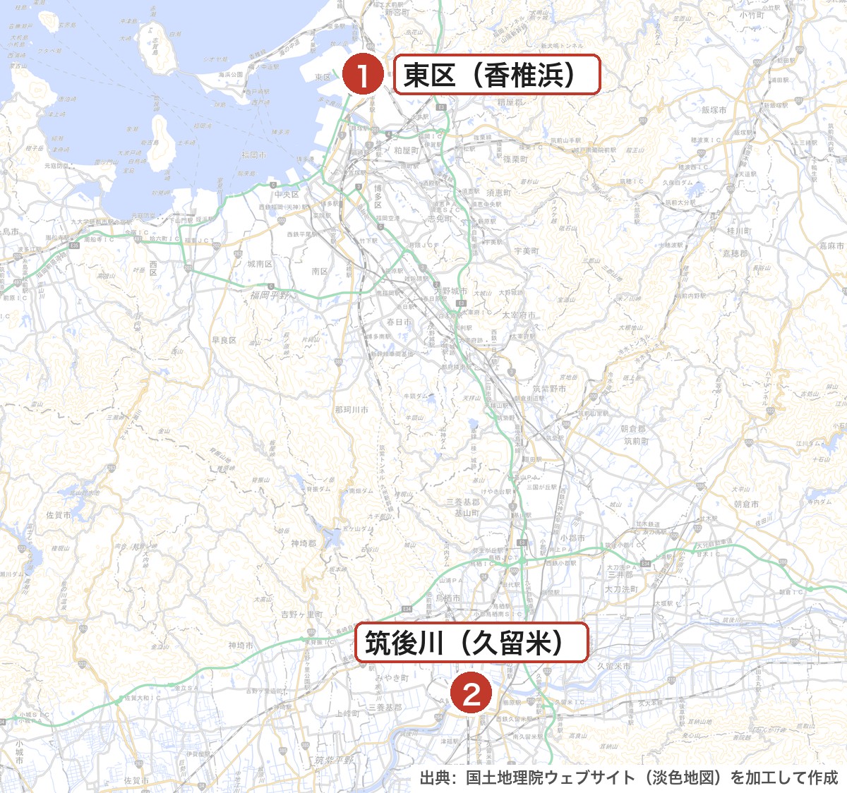 福岡県の主な花火大会の位置を示した地図